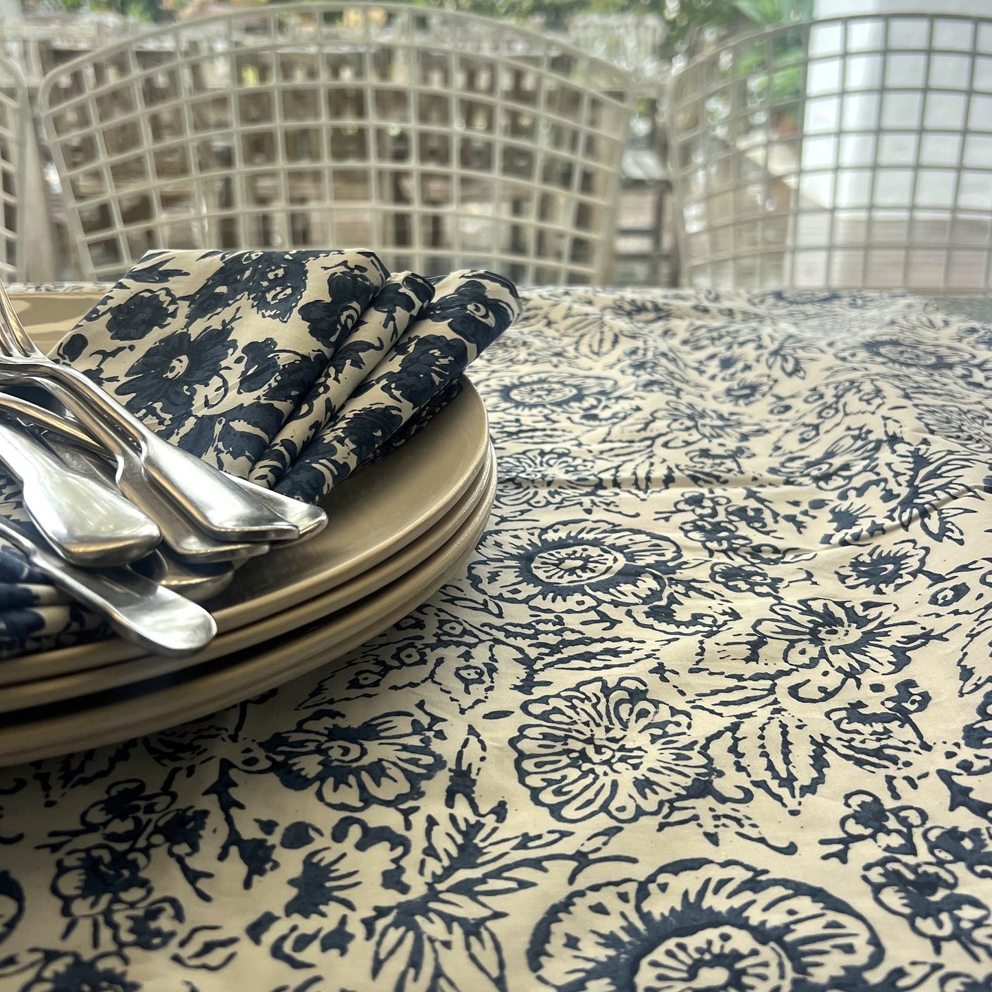 vintage open floral block print cotton tablecloth blue and white