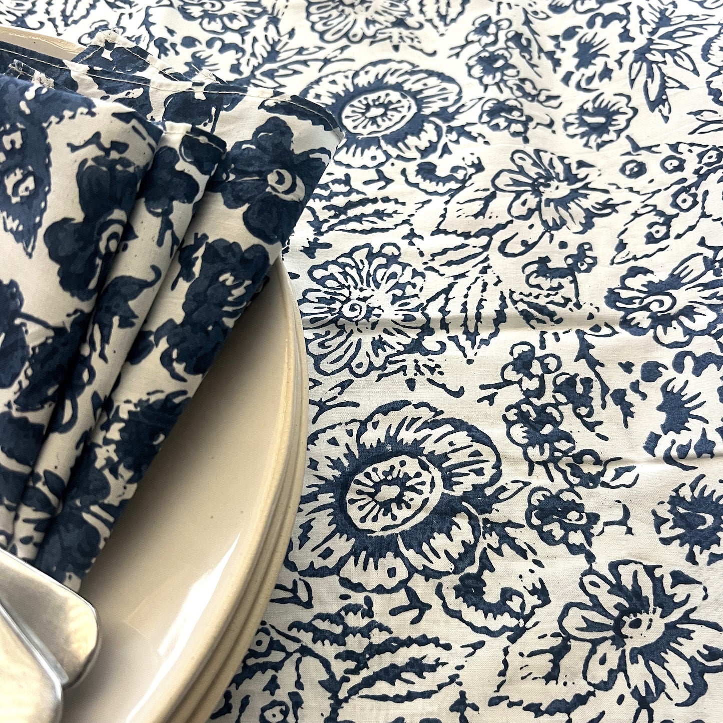 vintage open floral block print cotton tablecloth blue and white