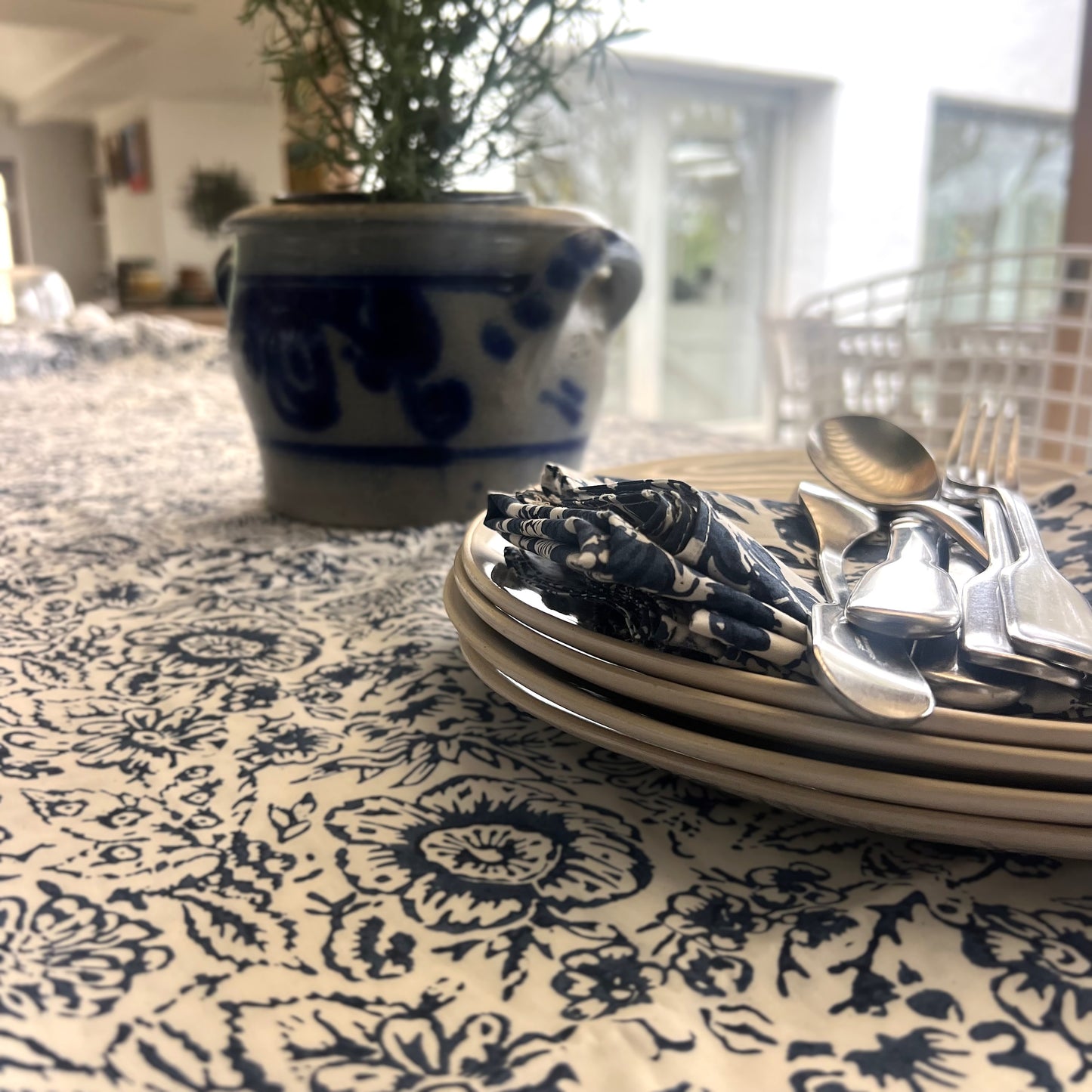 vintage open floral block print cotton tablecloth blue and white