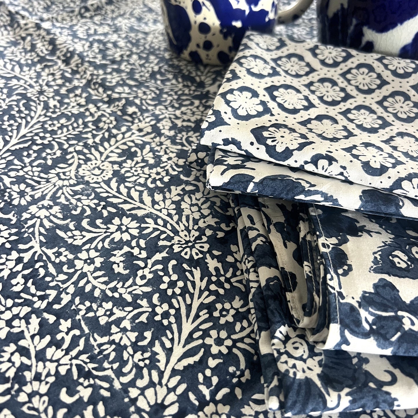vine block print cotton tablecloth blue and white