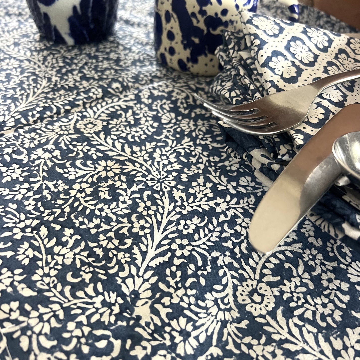vine block print cotton tablecloth blue and white