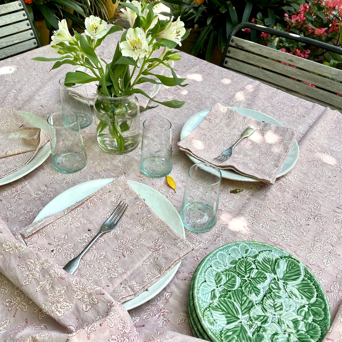 acorn block print cotton tablecloth dusty pink