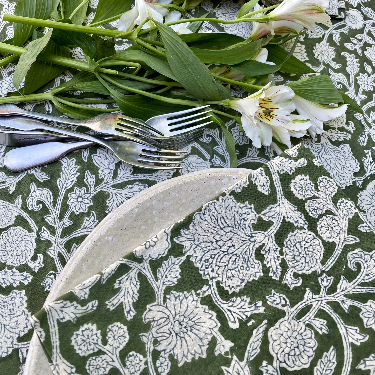 dahlia block print cotton tablecloth forest green