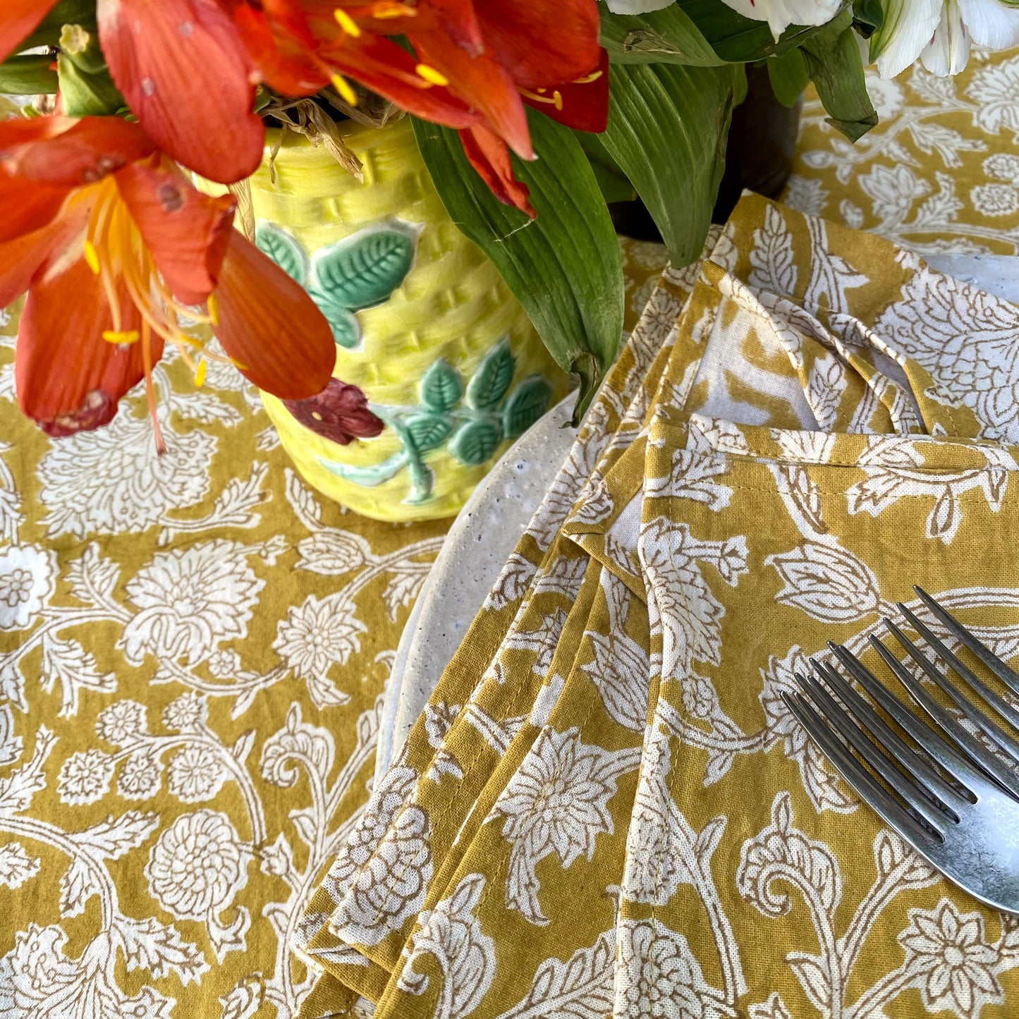 blanket flower block print cotton tablecloth mustard