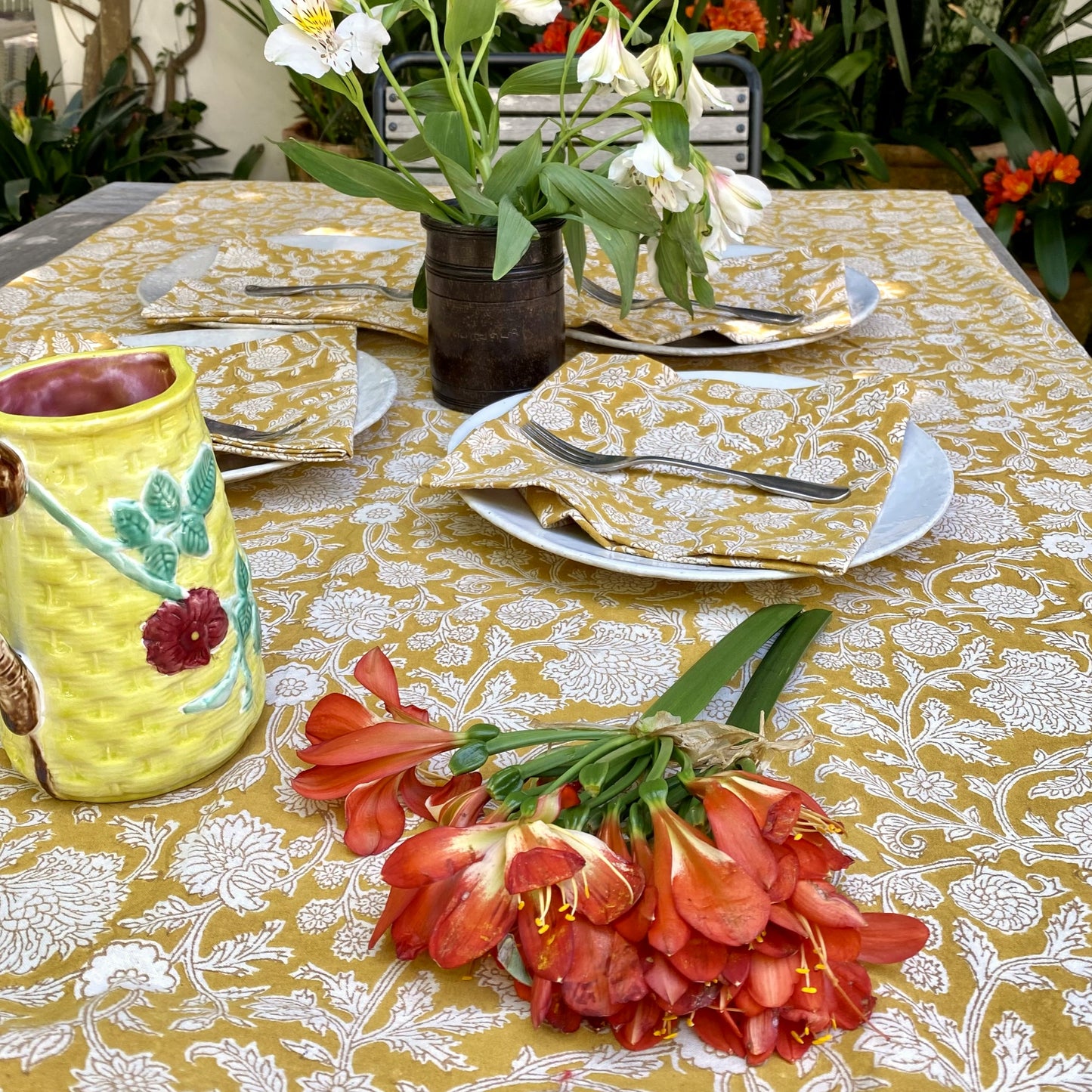 blanket flower block print cotton tablecloth mustard