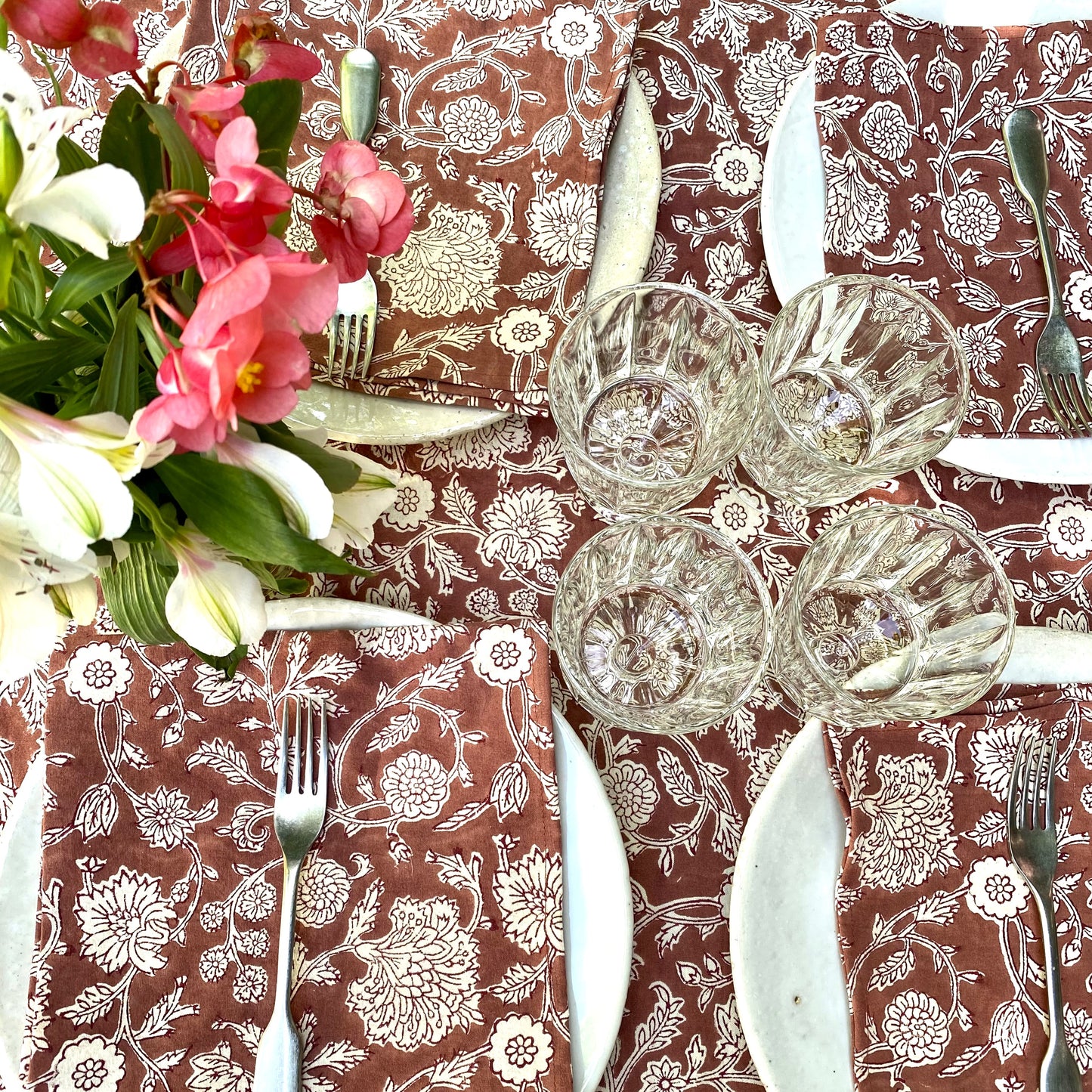 zinnia block print cotton tablecloth wine