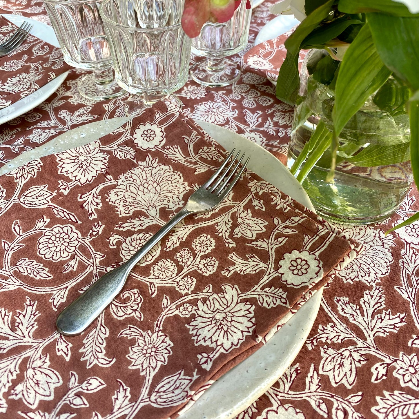 4 x zinnia block print cotton napkin wine