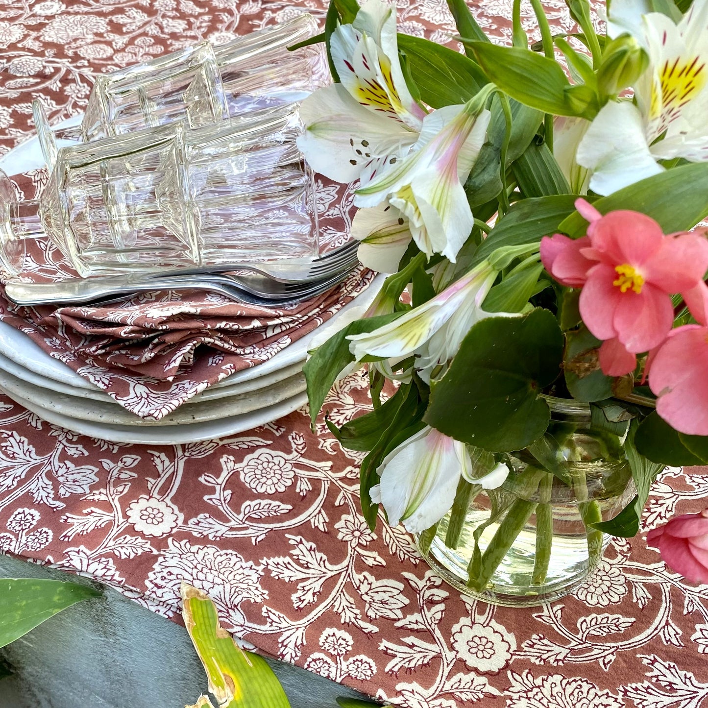 zinnia block print cotton tablecloth wine