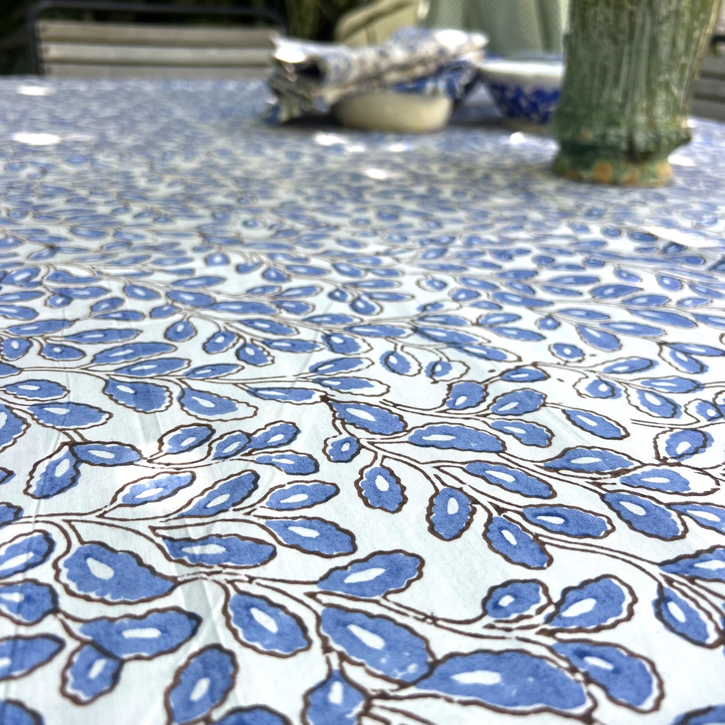 elm cotton tablecloth steel blue, choc and white