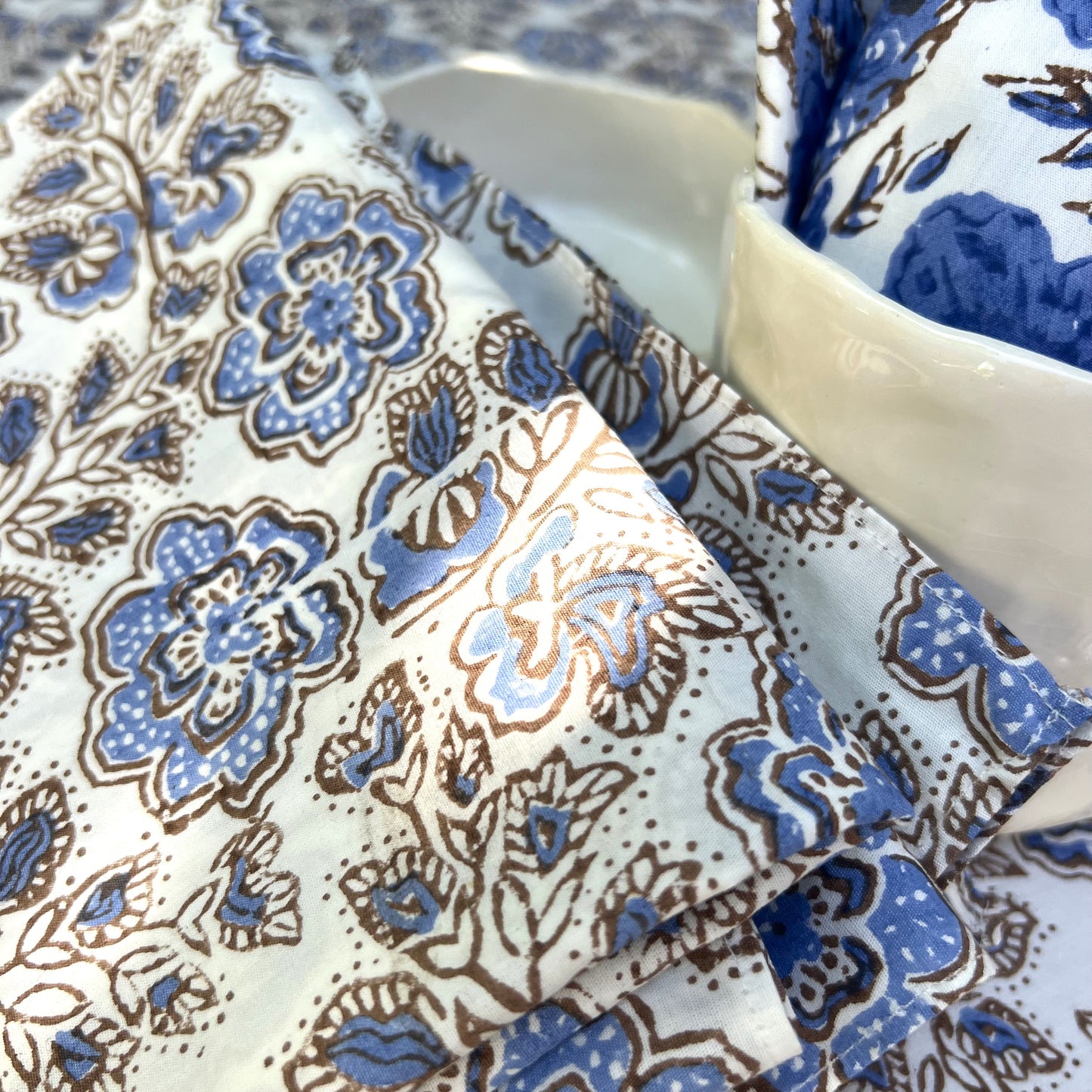 bandana cotton tablecloth steel blue, choc and white