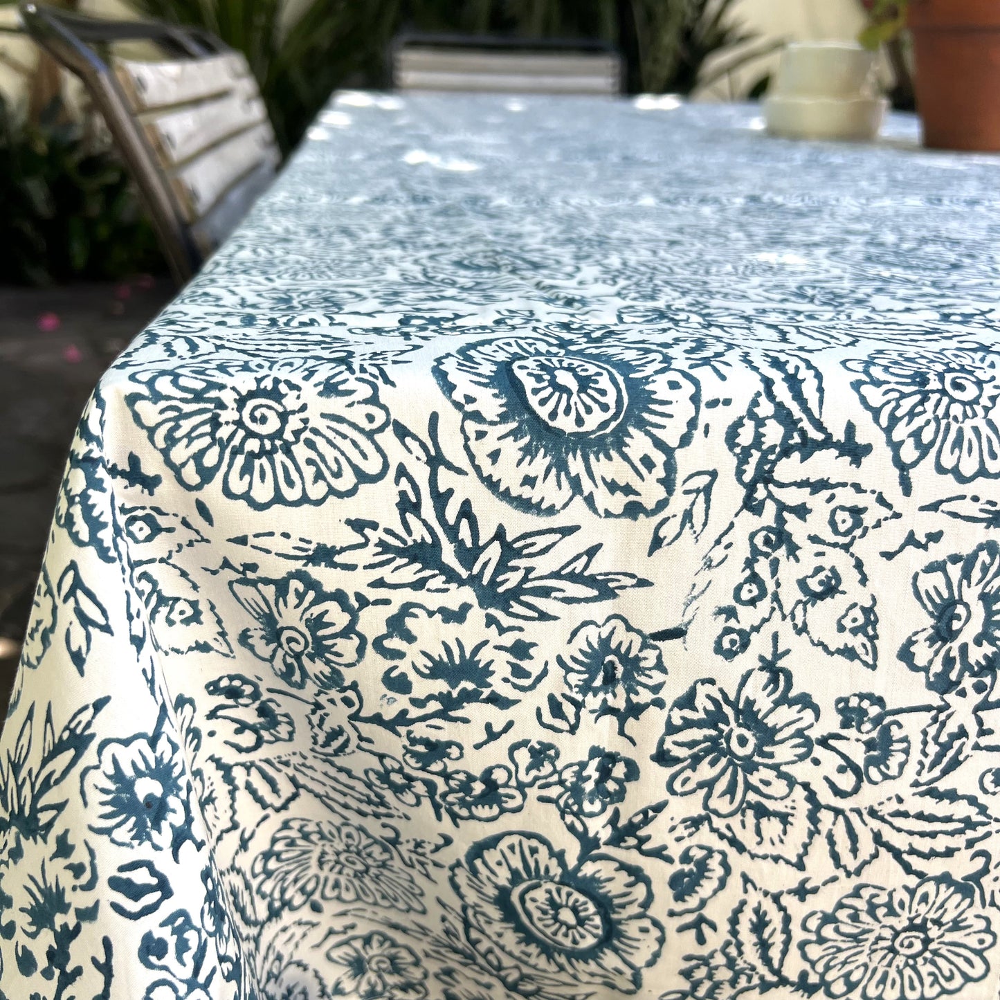 vintage floral cotton tablecloth steel blue and white
