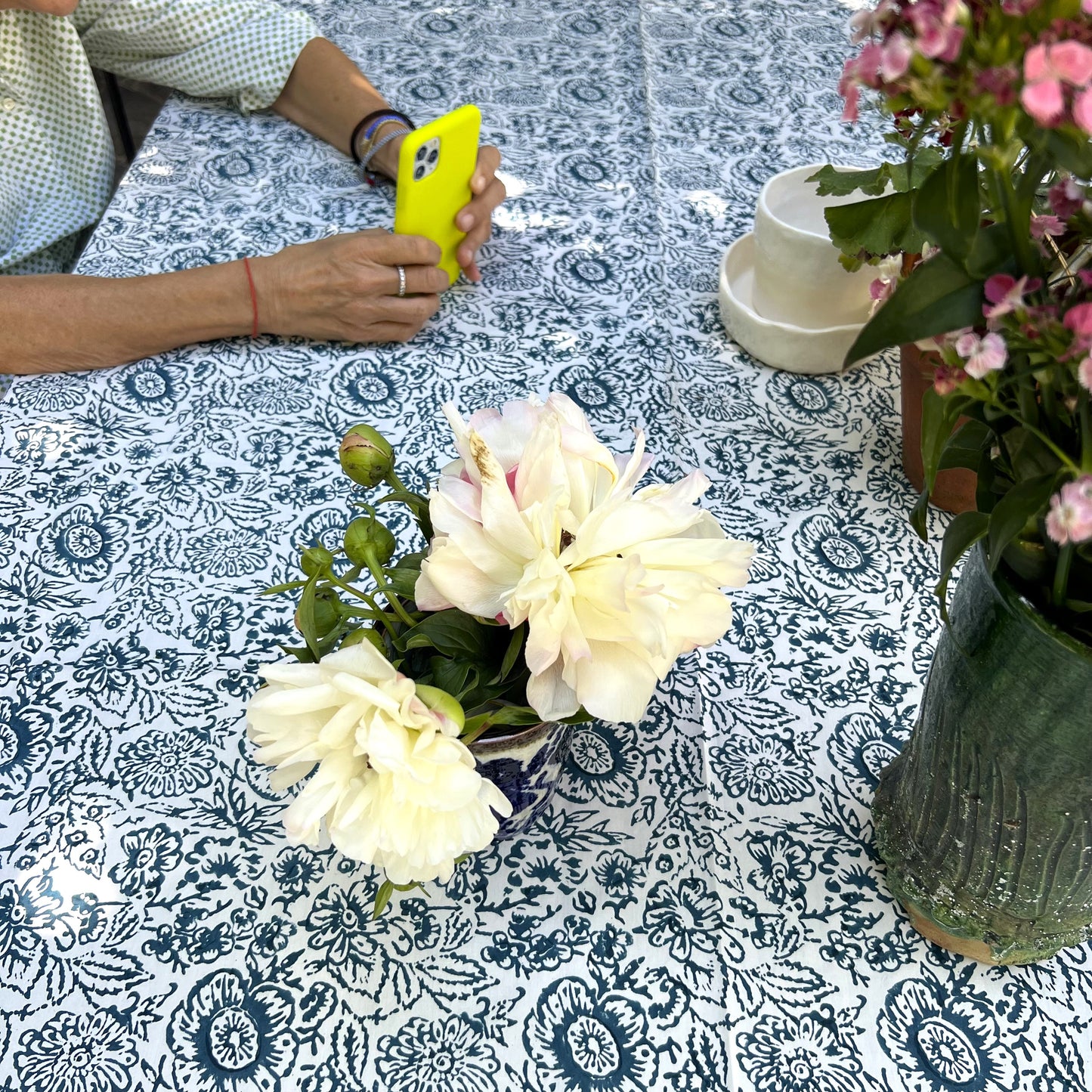 vintage floral cotton tablecloth steel blue and white