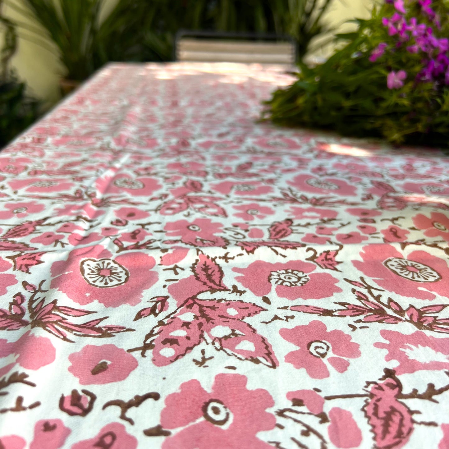 vintage floral cotton tablecloth salmon, choc and white