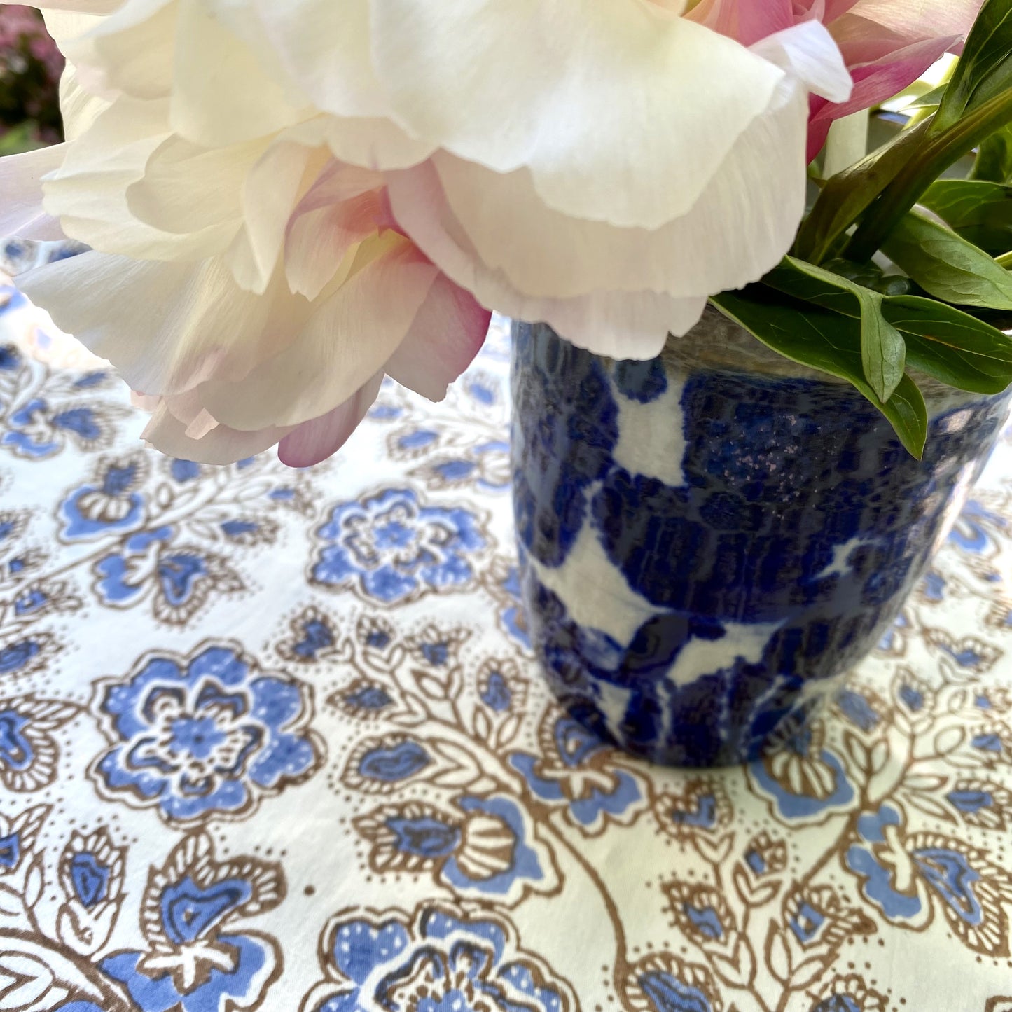 bandana cotton tablecloth steel blue, choc and white