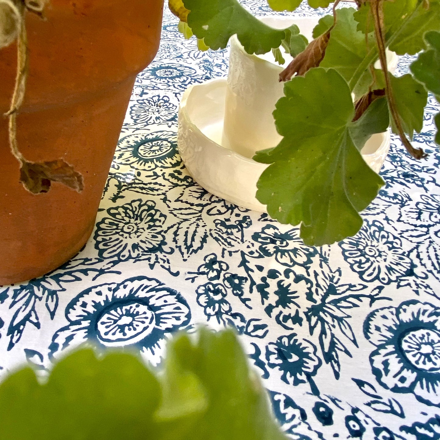 vintage floral cotton tablecloth steel blue and white