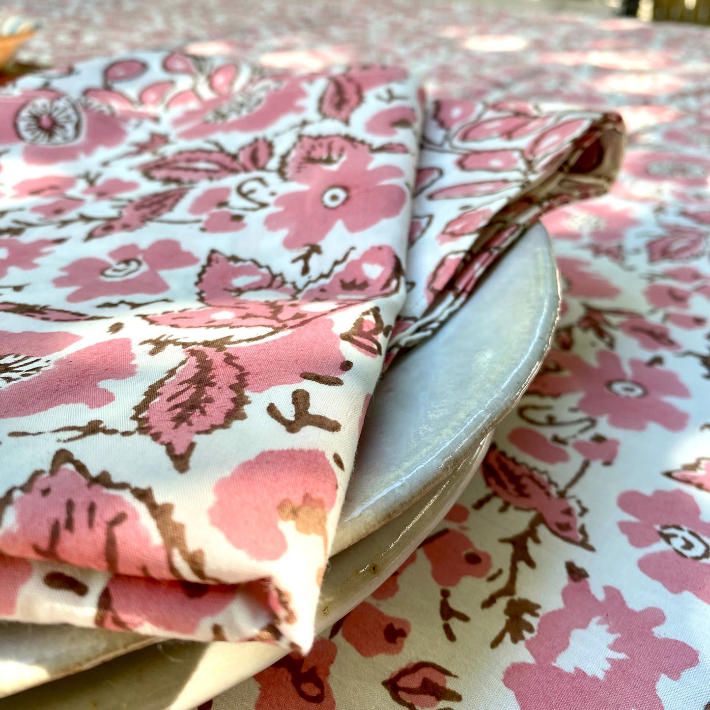 4 x block print vintage floral cotton napkin salmon & white