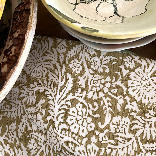 4 x block print leaf cotton napkin natural and khaki