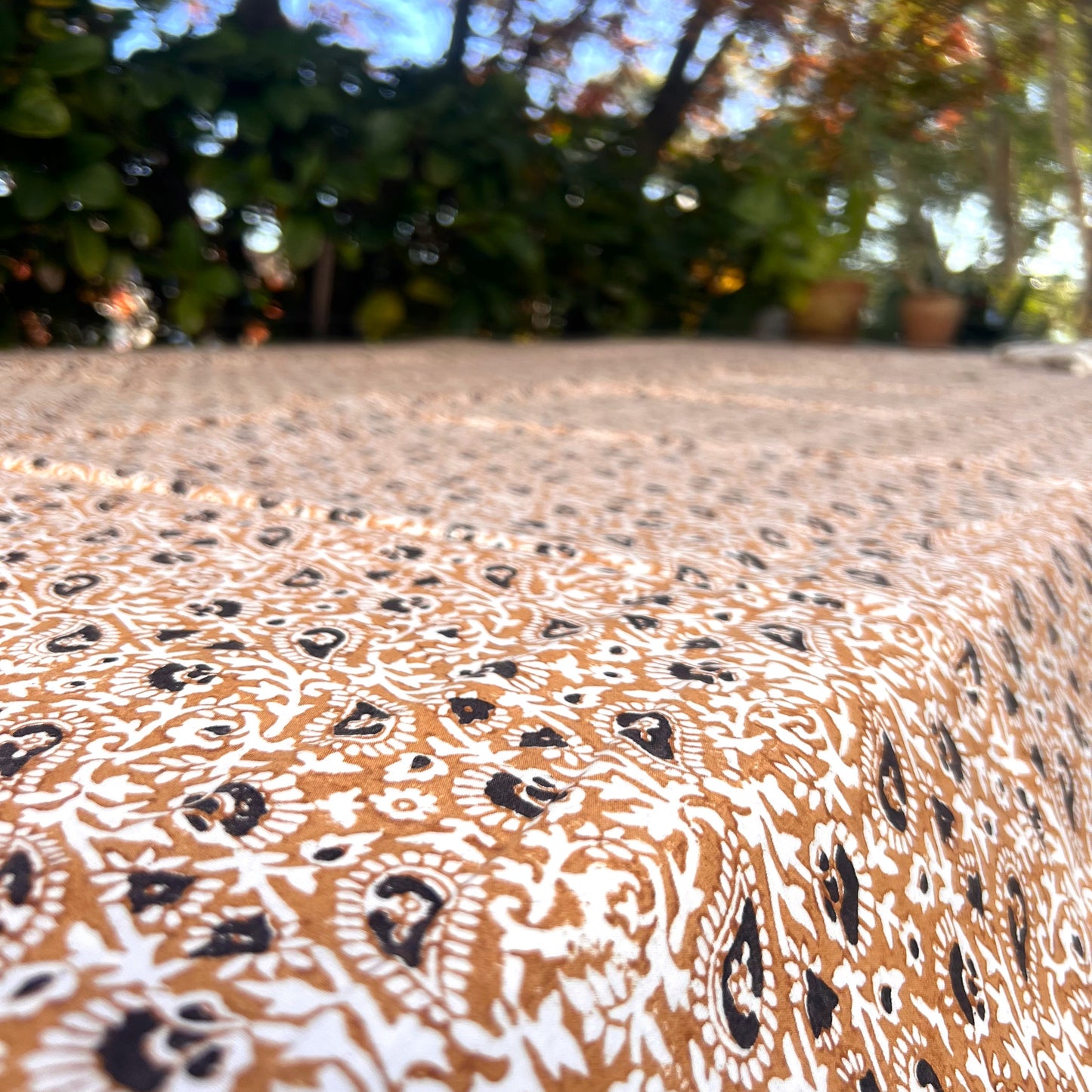 vintage paisely print cotton tablecloth natural and coffee