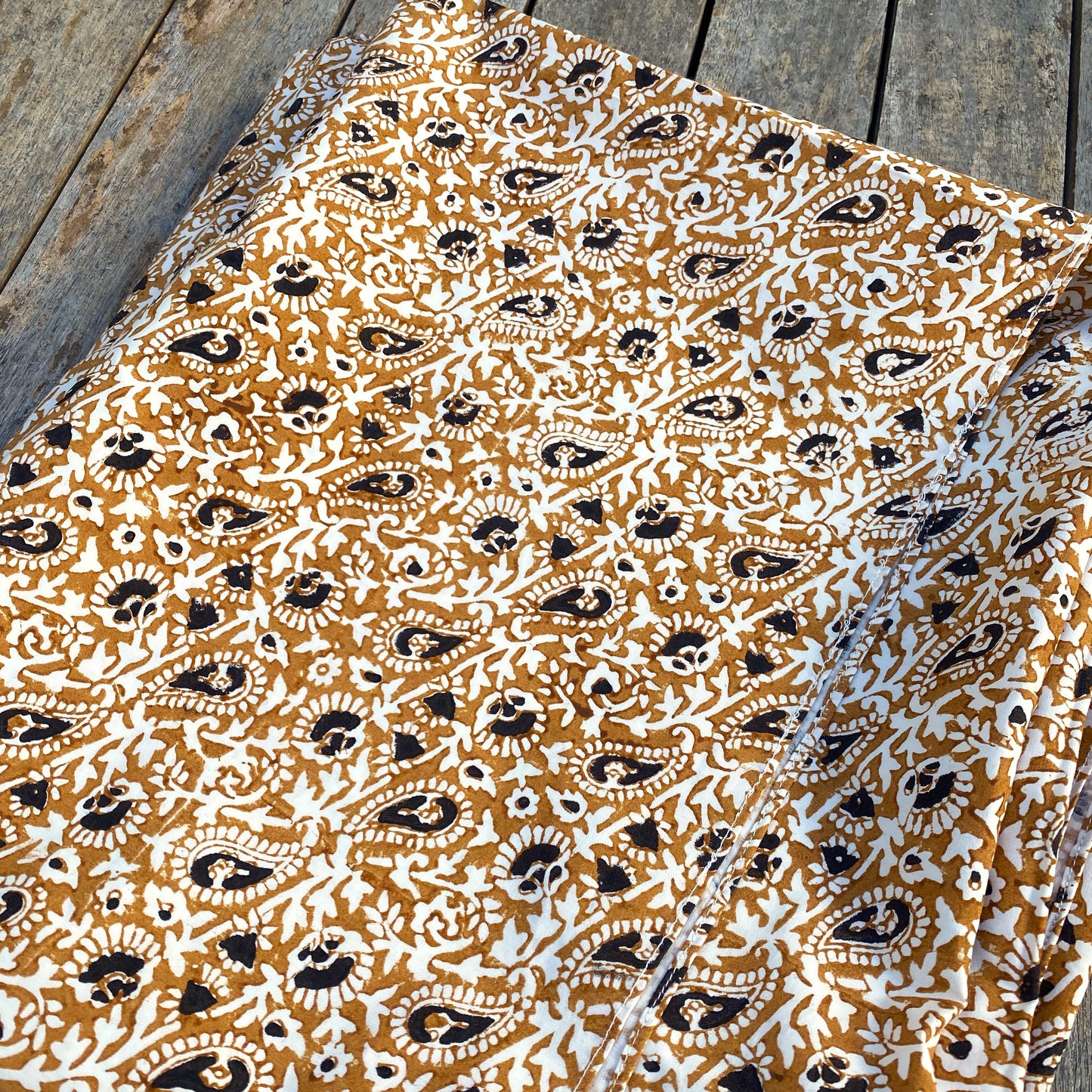 vintage paisely print cotton tablecloth natural and coffee