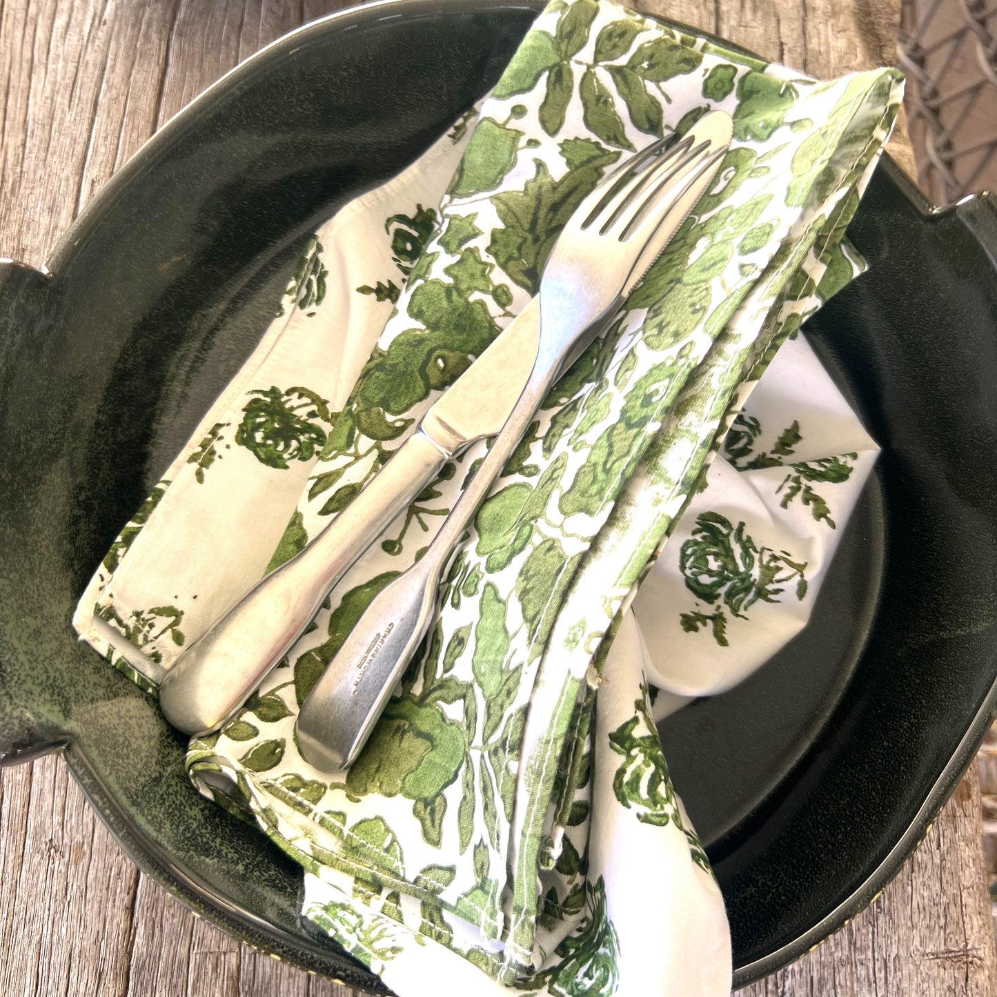 4 x block print posy cotton napkin olive/ green