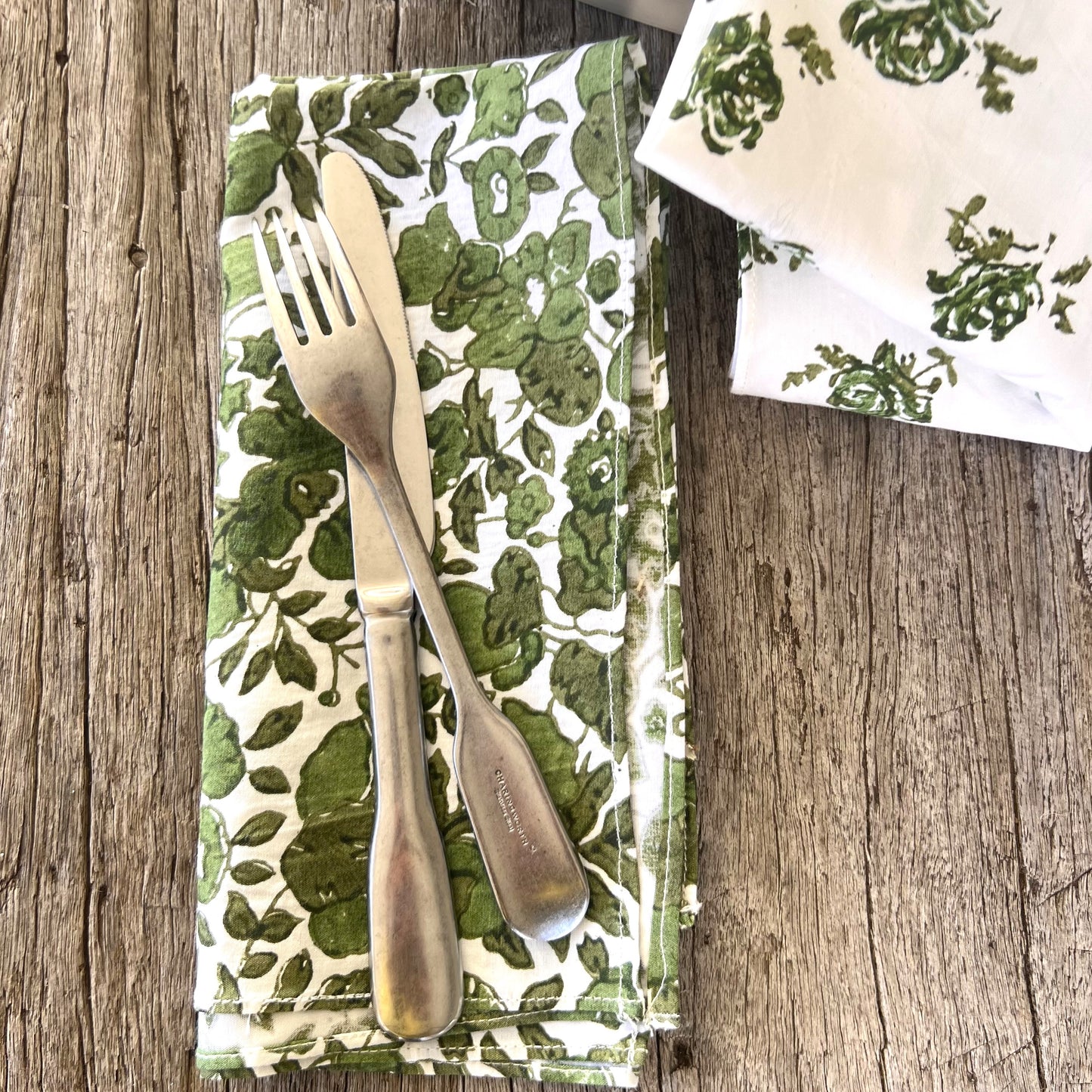 4 x block print posy cotton napkin olive/ green