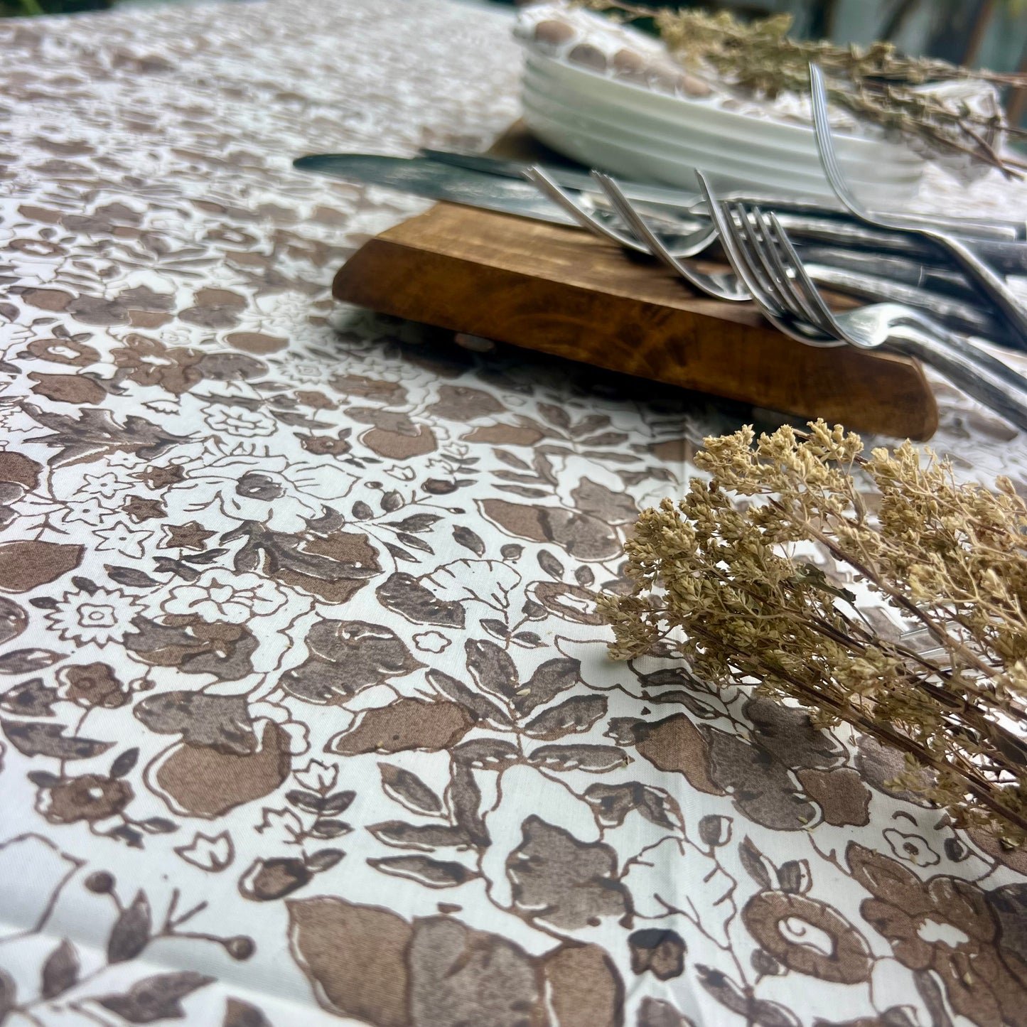 posy block print cotton tablecloth coffee, cedar and white