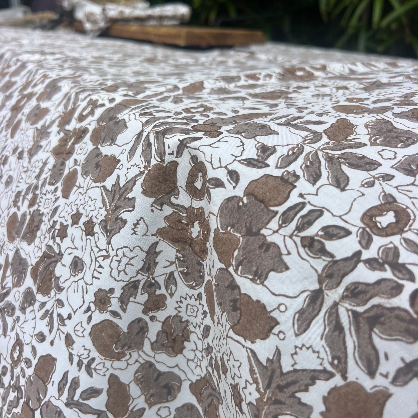 posy block print cotton tablecloth coffee, cedar and white