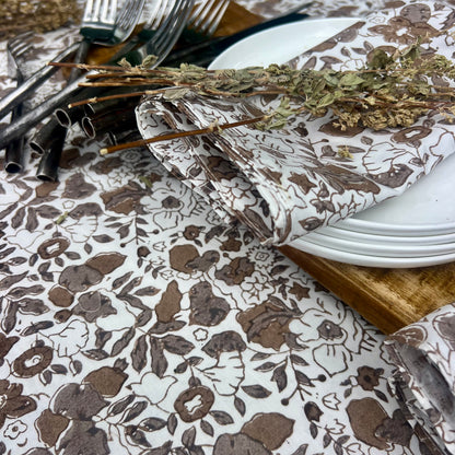 posy block print cotton tablecloth coffee, cedar and white