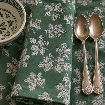 4 x block print wild leaf cotton napkin green & natural