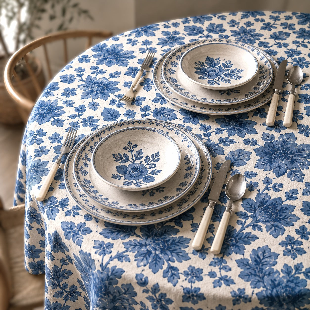 round wild rose block print cotton tablecloth denim blue and natural