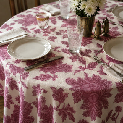round wild rose block print cotton tablecloth pink and natural