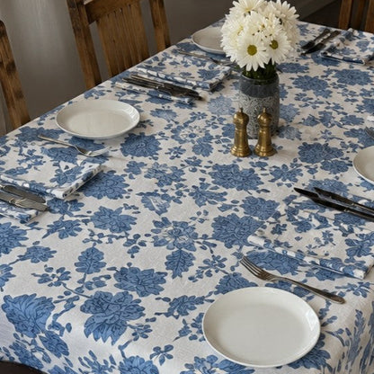 wild rose block print cotton tablecloth denim blue & natural