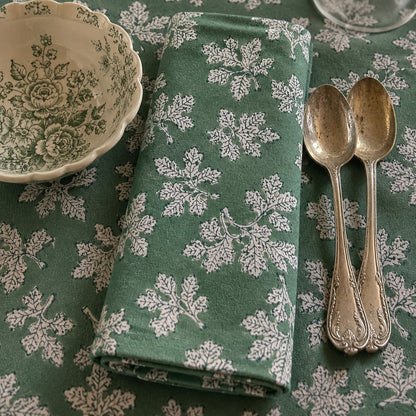round  iris wild leaf block print cotton tablecloth green and natural