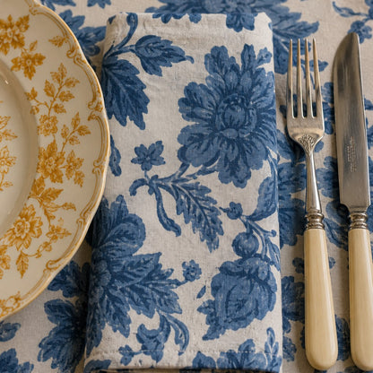 4 x block print wild rose cotton napkin denim blue & natural