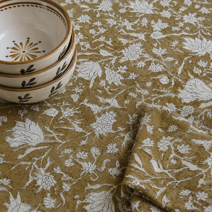 wild iris block print cotton tablecloth coffee & natural