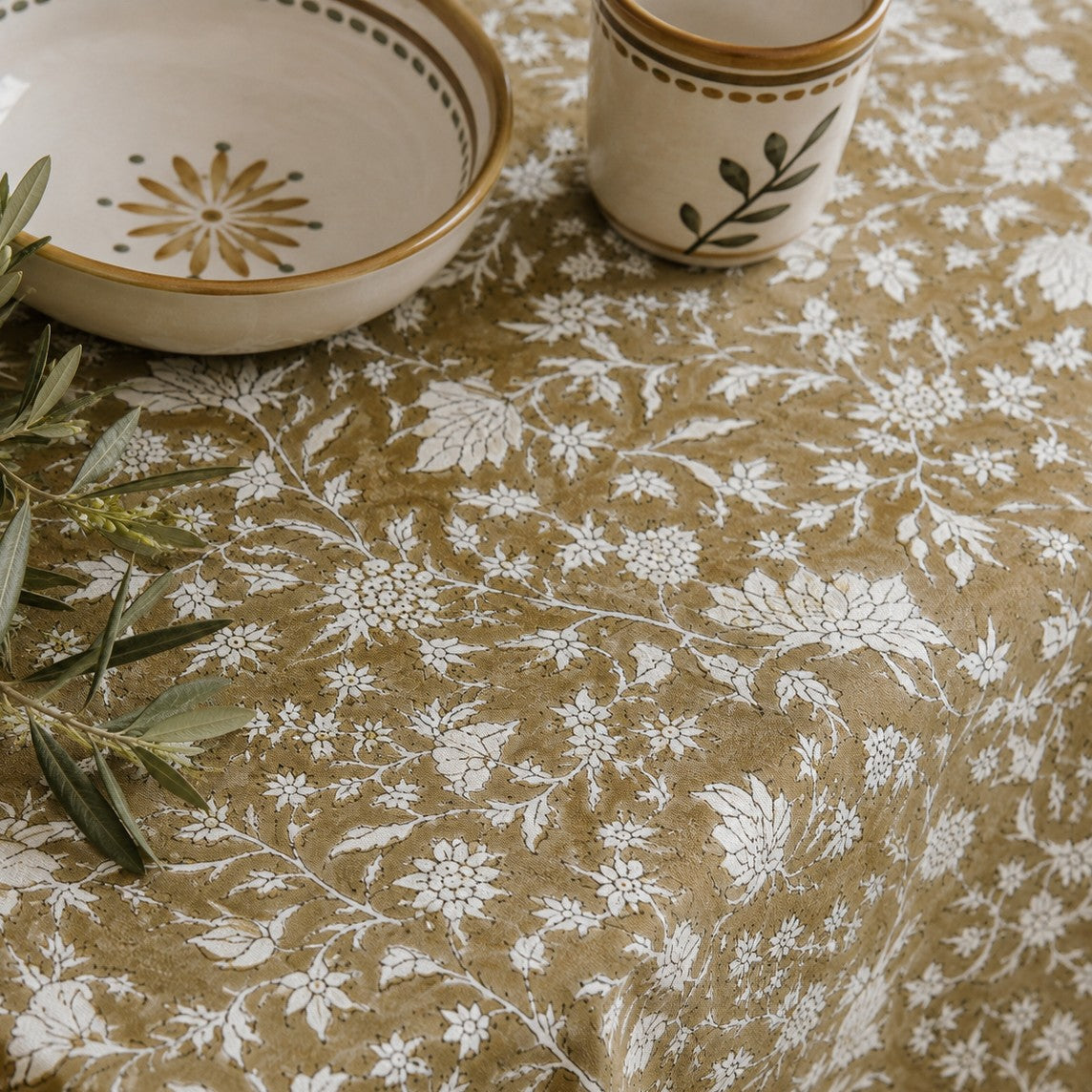 wild iris block print cotton tablecloth coffee & natural