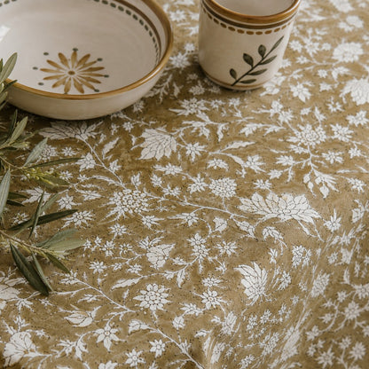 wild iris block print cotton tablecloth coffee & natural