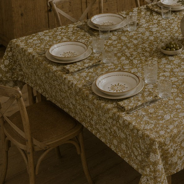 wild iris block print cotton tablecloth coffee & natural