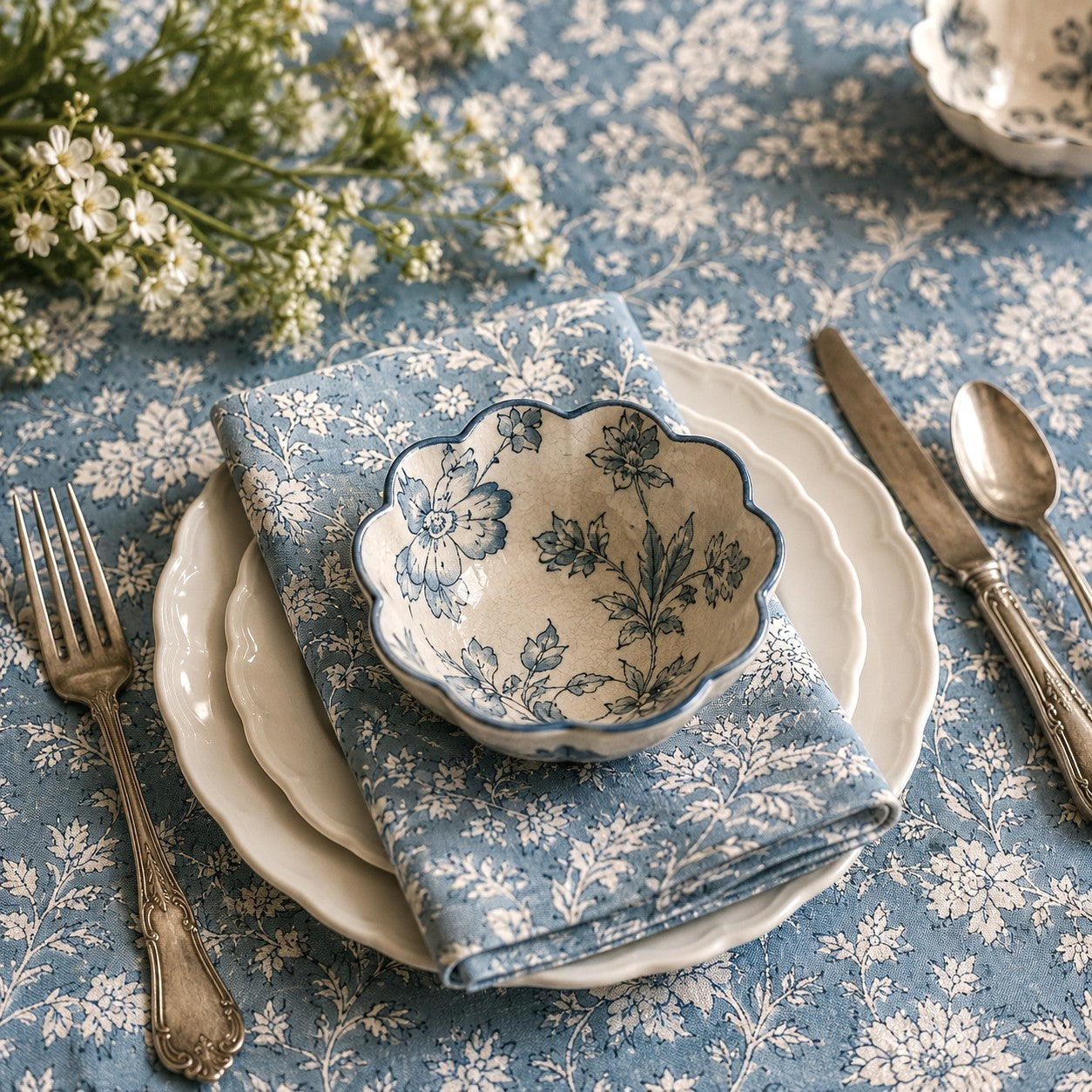 wild iris block print cotton tablecloth blue & natural