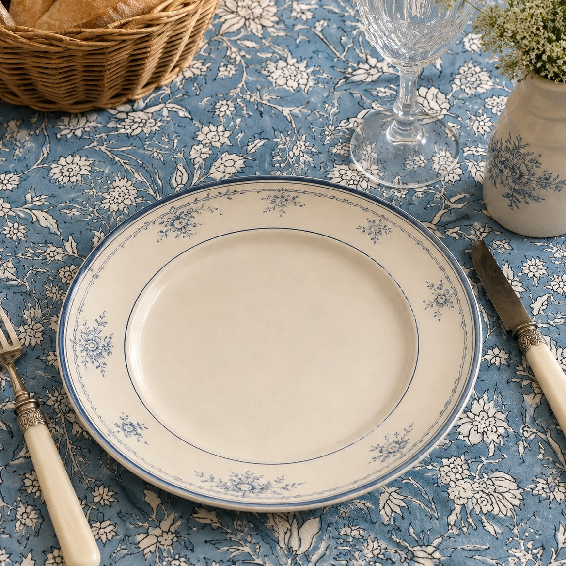 wild iris block print cotton tablecloth blue & natural