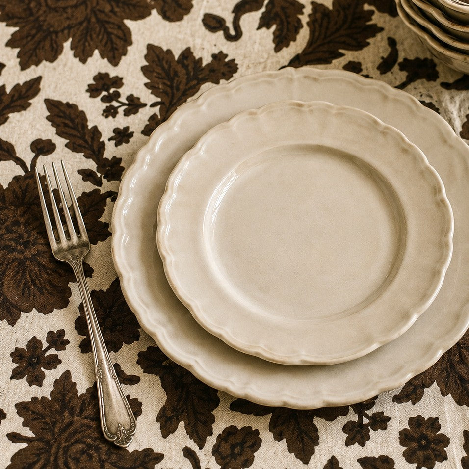 wild rose block print cotton tablecloth chocolate & natural