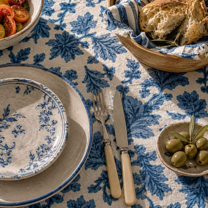 wild rose block print cotton tablecloth denim blue & natural