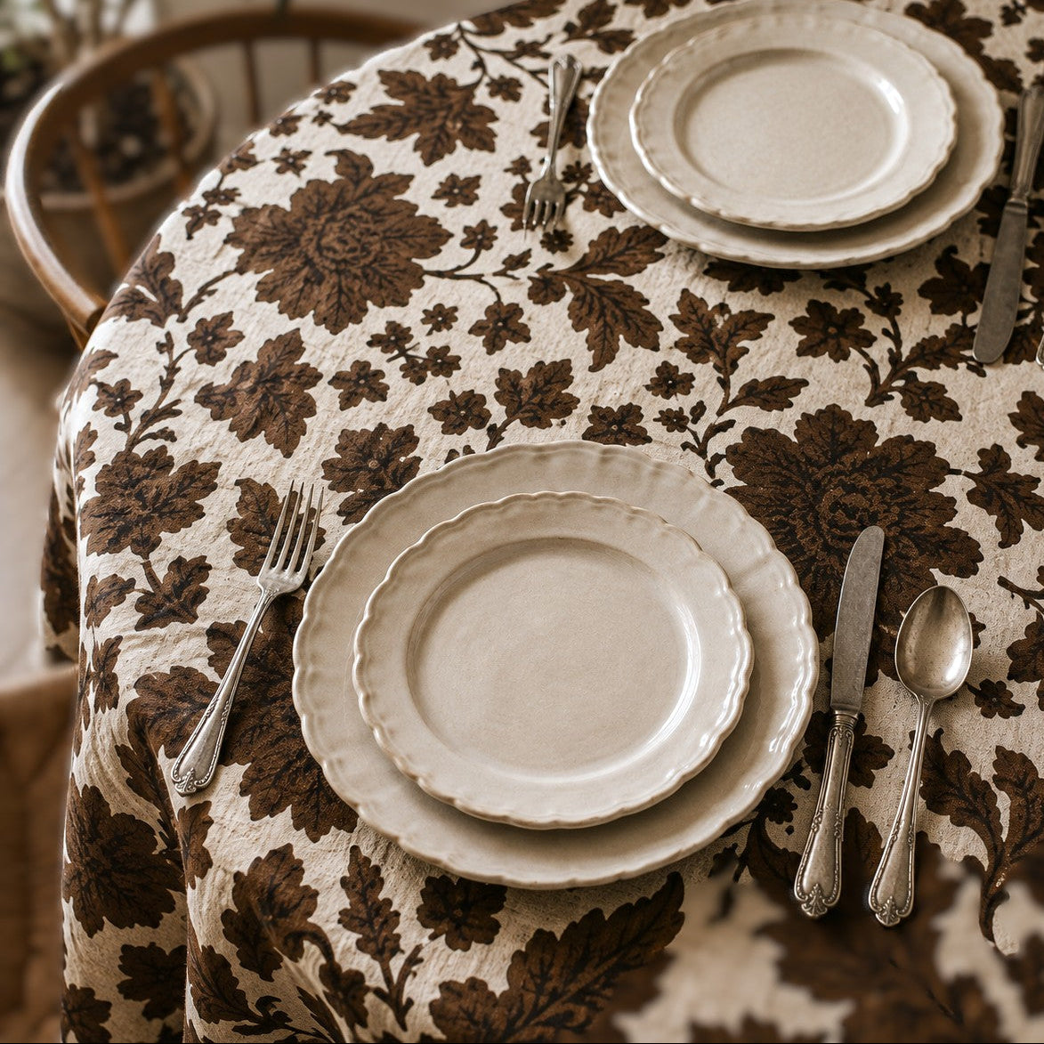 round wild rose block print cotton tablecloth chocolate and natural