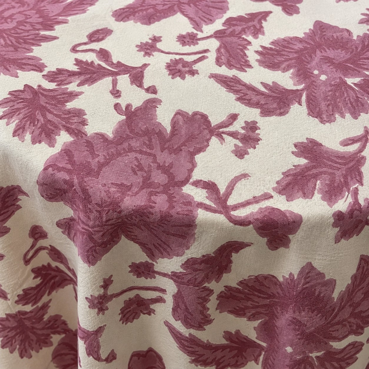 round wild rose block print cotton tablecloth pink and natural
