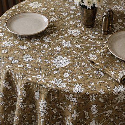round wild iris block print cotton tablecloth coffee and natural