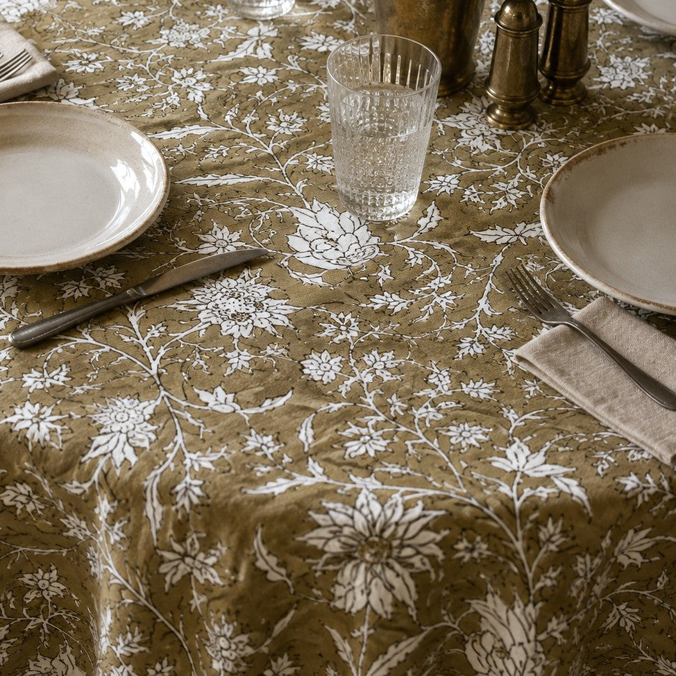 round wild iris block print cotton tablecloth coffee and natural