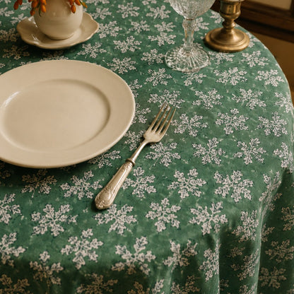 round  iris wild leaf block print cotton tablecloth green and natural