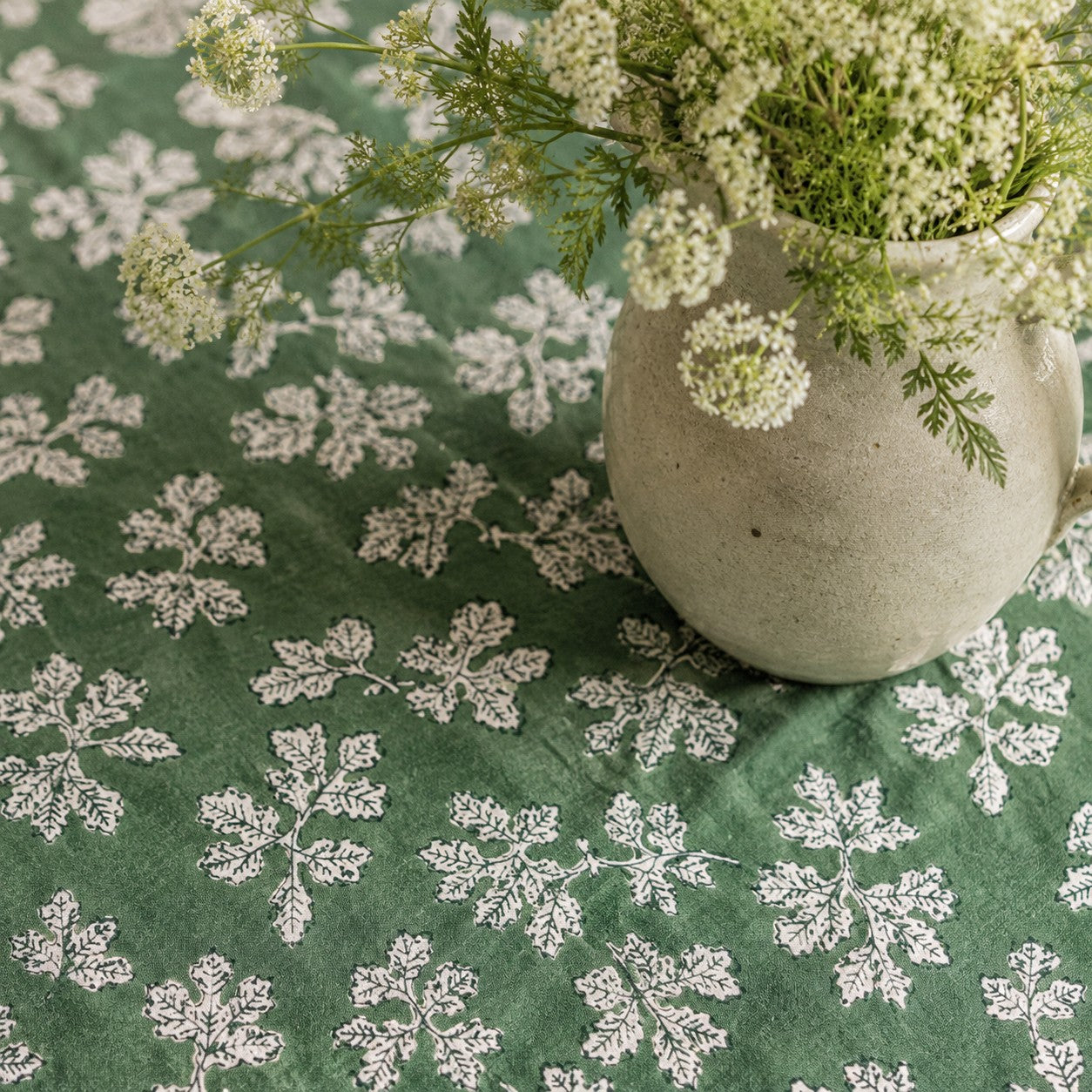 wild leaf block print cotton tablecloth green & natural