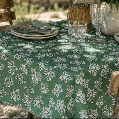 wild leaf block print cotton tablecloth green & natural