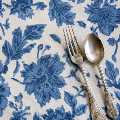 wild rose block print cotton tablecloth denim blue & natural